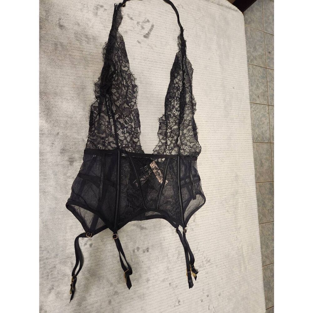 NWT Victoria's Secret Size S Lace Halter Black Bustier Nightie